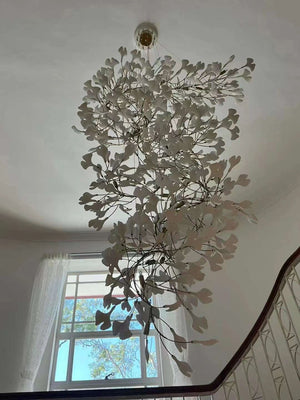 Artistic Tree Branch Pendant Light with Ceramic Ginkgo Leaves for High Ceilings in Hotel or Home-Chandeliers-Arialamps