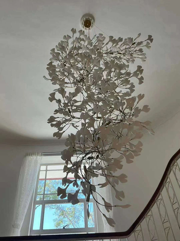 Artistic Tree Branch Pendant Light with Ceramic Ginkgo Leaves for High Ceilings in Hotel or Home-Chandeliers-Arialamps