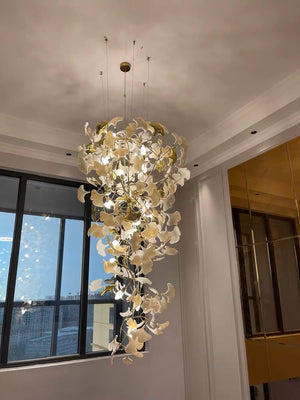 Artistic Tree Branch Pendant Light with Ceramic Ginkgo Leaves for High Ceilings in Hotel or Home-Chandeliers-Arialamps