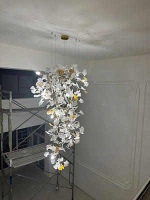 Artistic Tree Branch Pendant Light with Ceramic Ginkgo Leaves for High Ceilings in Hotel or Home-Chandeliers-Arialamps