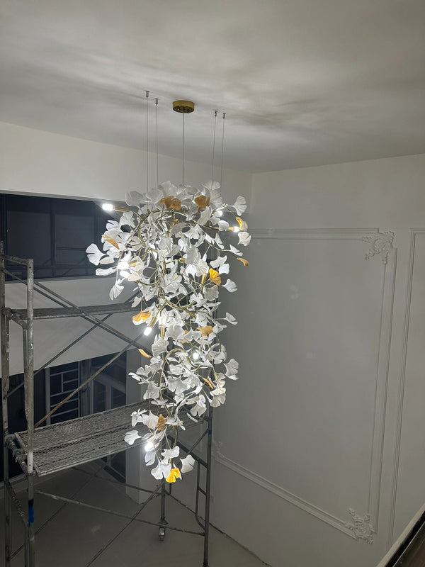 Artistic Tree Branch Pendant Light with Ceramic Ginkgo Leaves for High Ceilings in Hotel or Home-Chandeliers-Arialamps