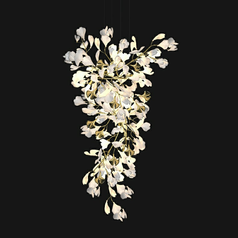 Artistic Tree Branch Pendant Light with Ceramic Ginkgo Leaves for High Ceilings in Hotel or Home-Chandeliers-Arialamps