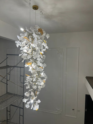 Artistic Tree Branch Pendant Light with Ceramic Ginkgo Leaves for High Ceilings in Hotel or Home-Chandeliers-Arialamps