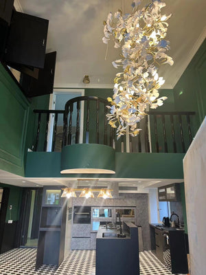 Artistic Tree Branch Pendant Light with Ceramic Ginkgo Leaves for High Ceilings in Hotel or Home-Chandeliers-Arialamps