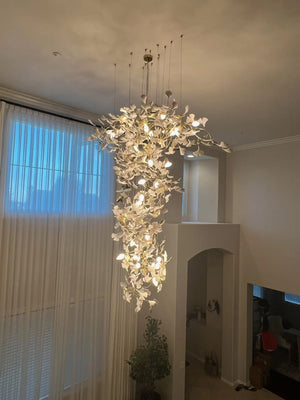 Artistic Tree Branch Pendant Light with Ceramic Ginkgo Leaves for High Ceilings in Hotel or Home-Chandeliers-Arialamps