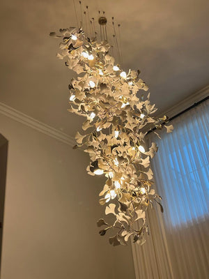 Artistic Tree Branch Pendant Light with Ceramic Ginkgo Leaves for High Ceilings in Hotel or Home-Chandeliers-Arialamps