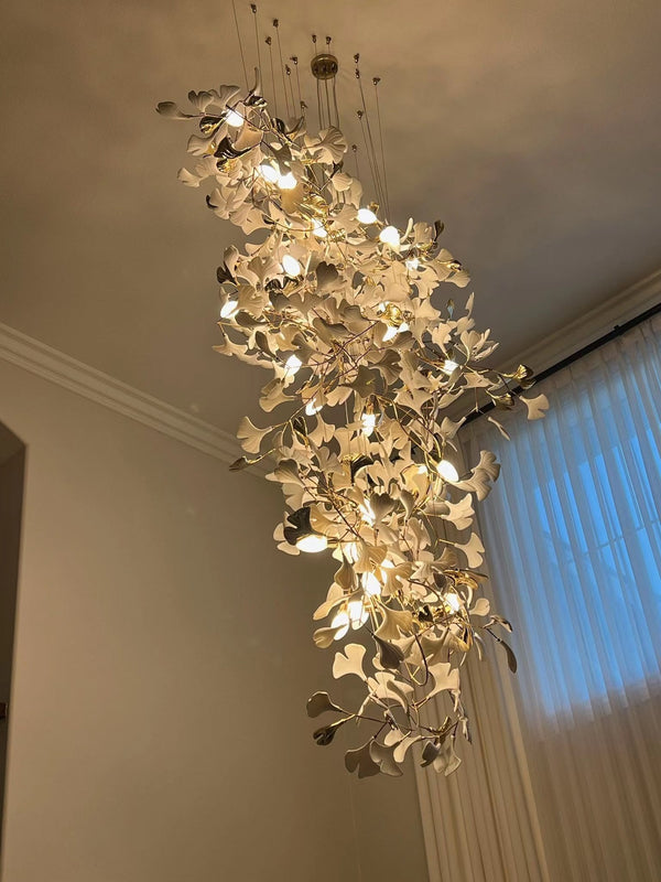 Artistic Tree Branch Pendant Light with Ceramic Ginkgo Leaves for High Ceilings in Hotel or Home-Chandeliers-Arialamps