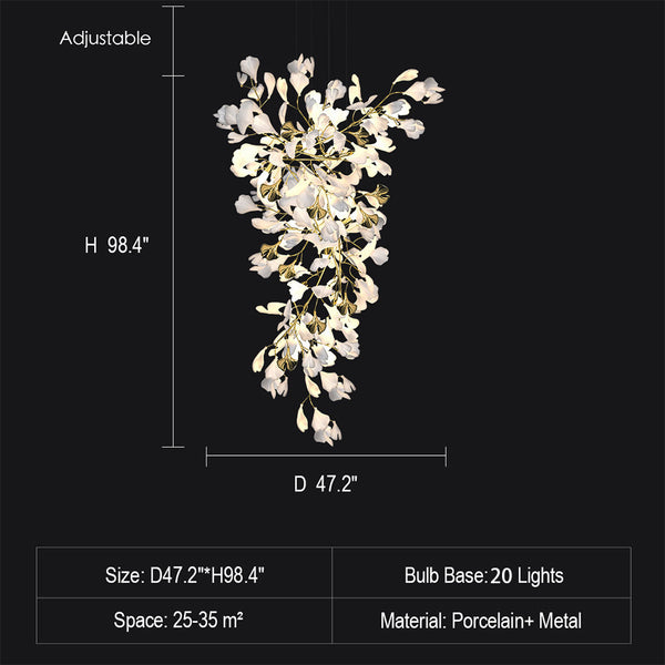 Artistic Tree Branch Pendant Light with Ceramic Ginkgo Leaves for High Ceilings in Hotel or Home-Chandeliers-Arialamps