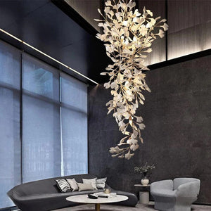 Artistic Tree Branch Pendant Light with Ceramic Ginkgo Leaves for High Ceilings in Hotel or Home-Chandeliers-Arialamps