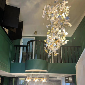 Artistic Tree Branch Pendant Light with Ceramic Ginkgo Leaves for High Ceilings in Hotel or Home-Chandeliers-Arialamps
