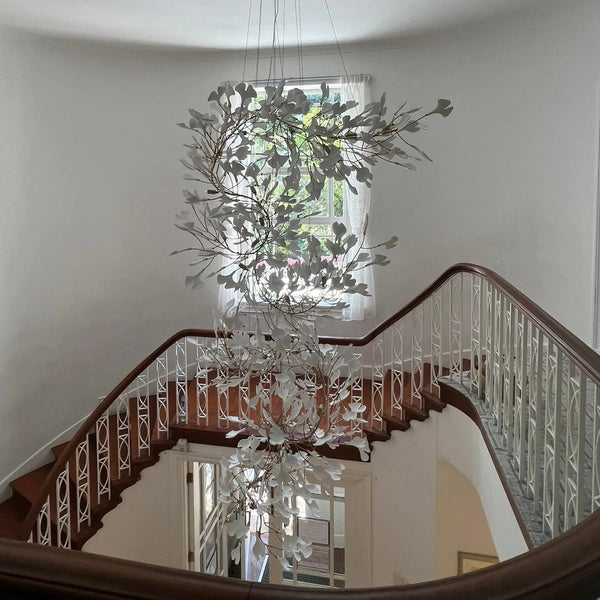 Artistic Tree Branch Pendant Light with Ceramic Ginkgo Leaves for High Ceilings in Hotel or Home-Chandeliers-Arialamps