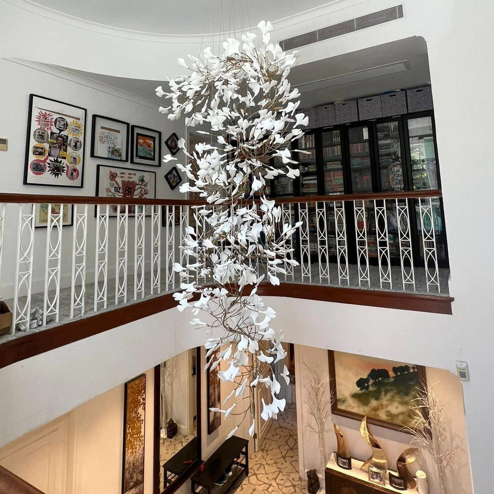 Artistic Tree Branch Pendant Light with Ceramic Ginkgo Leaves for High Ceilings in Hotel or Home-Chandeliers-Arialamps