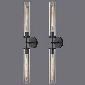 RINGRAIN Black Brass Glass Double Wall Sconce Set 30" Knurled