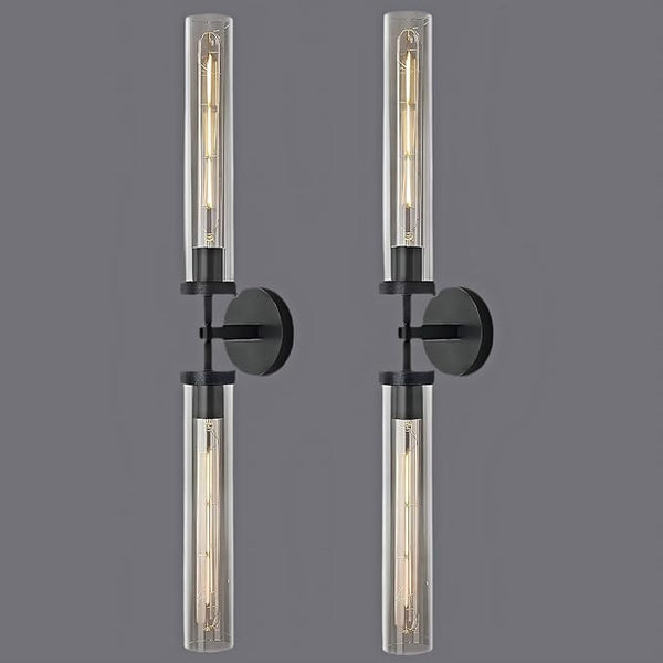 RINGRAIN Black Brass Glass Double Wall Sconce Set 30" Knurled