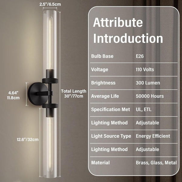 RINGRAIN Black Brass Glass Double Wall Sconce Set 30" Knurled