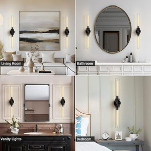 RINGRAIN Black Brass Glass Double Wall Sconce Set 30" Knurled