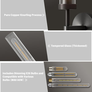 RINGRAIN Black Brass Glass Double Wall Sconce Set 30" Knurled