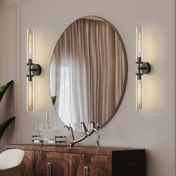 RINGRAIN Black Brass Glass Double Wall Sconce Set 30" Knurled