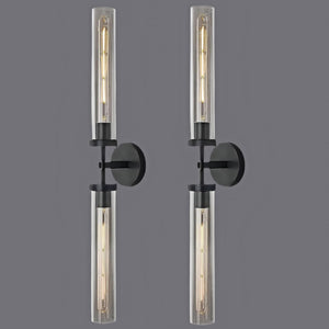 RINGRAIN Black Brass Glass Double Wall Sconce Set 30" Knurled