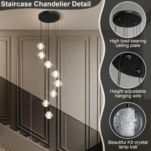 Black Crystal Staircase Chandelier with Adjustable Height and 8 Lights