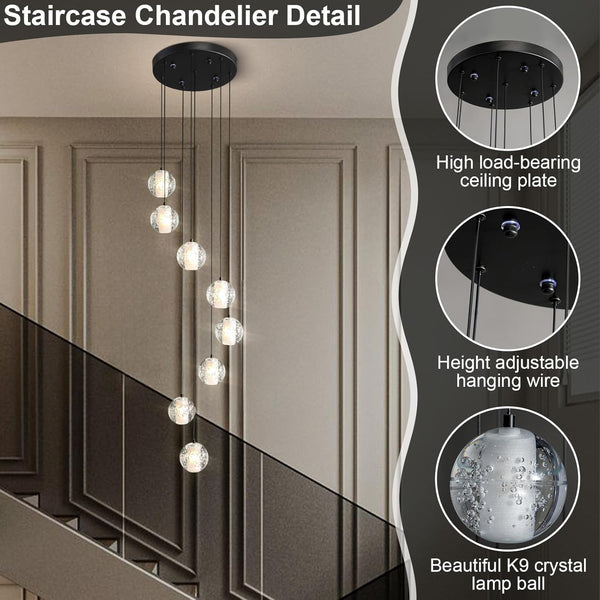 Black Crystal Staircase Chandelier with Adjustable Height and 8 Lights
