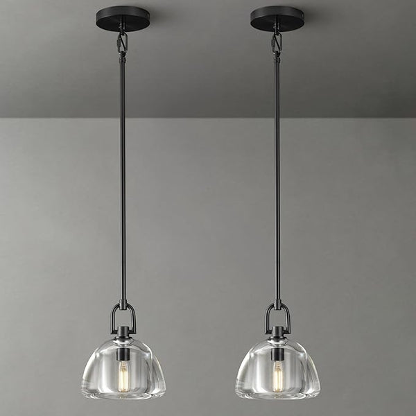 Black Glass 7" Pendant Light – Modern Kitchen Island Lighting, 2‑Piece Set with E12 Bulb