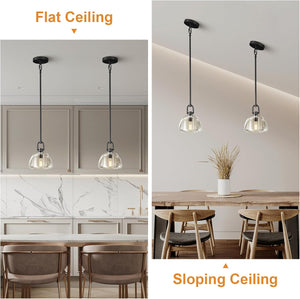 Black Glass 7" Pendant Light – Modern Kitchen Island Lighting, 2‑Piece Set with E12 Bulb