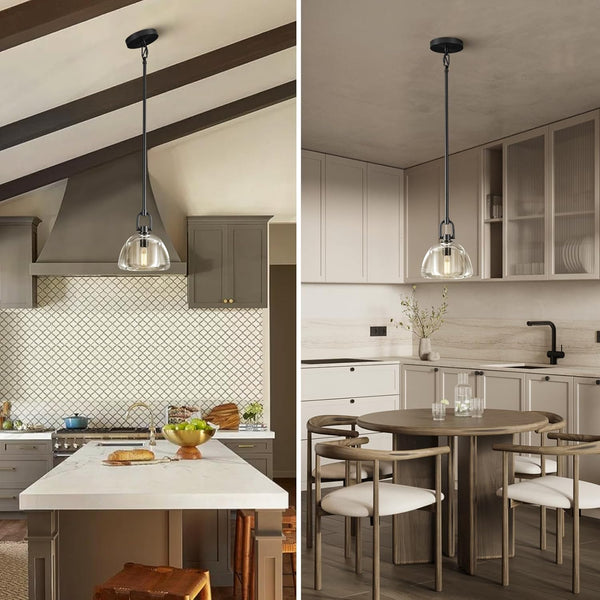 Black Glass 7" Pendant Light – Modern Kitchen Island Lighting, 2‑Piece Set with E12 Bulb