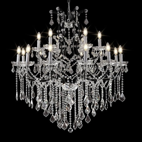 Black Large K9 Crystal Chandelier 18-Lighting Maria Theresa Chandeliers Luxury Modern High Ceiling Candle Chandelier Pendant Light Fixture 41" for Living Room, Dining, Foyer, Staircase, Entryway