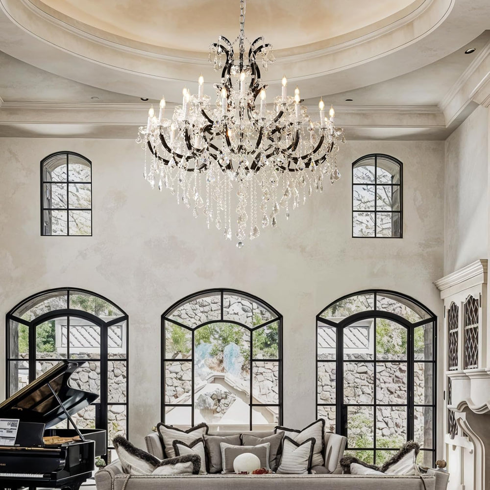 Black Large K9 Crystal Chandelier 18-Lighting Maria Theresa Chandeliers Luxury Modern High Ceiling Candle Chandelier Pendant Light Fixture 41" for Living Room, Dining, Foyer, Staircase, Entryway