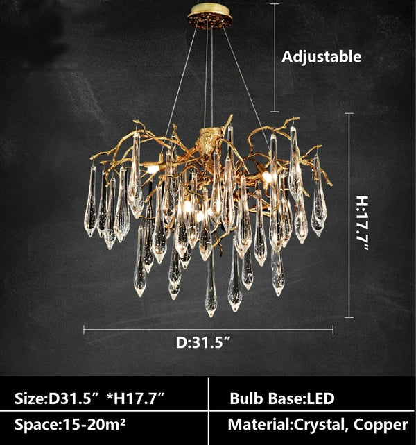 Branch Crystal Drops Chandelier in French Style with Copper Gold Finish for Dining and Living Room Ceiling-Chandeliers-Arialamps