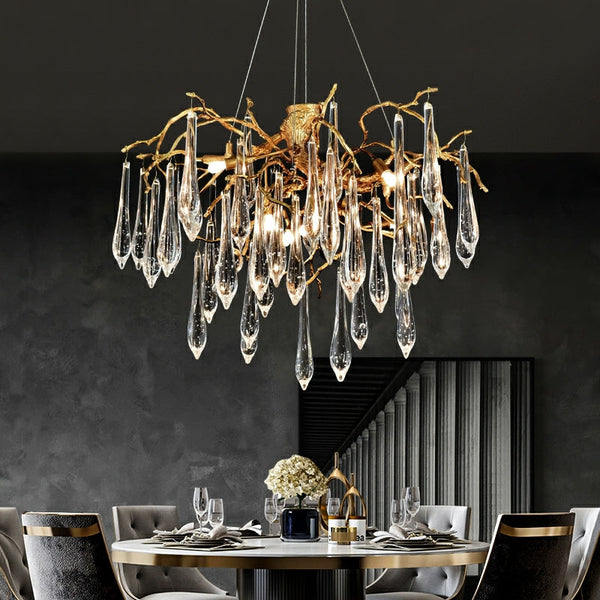 Branch Crystal Drops Chandelier in French Style with Copper Gold Finish for Dining and Living Room Ceiling-Chandeliers-Arialamps