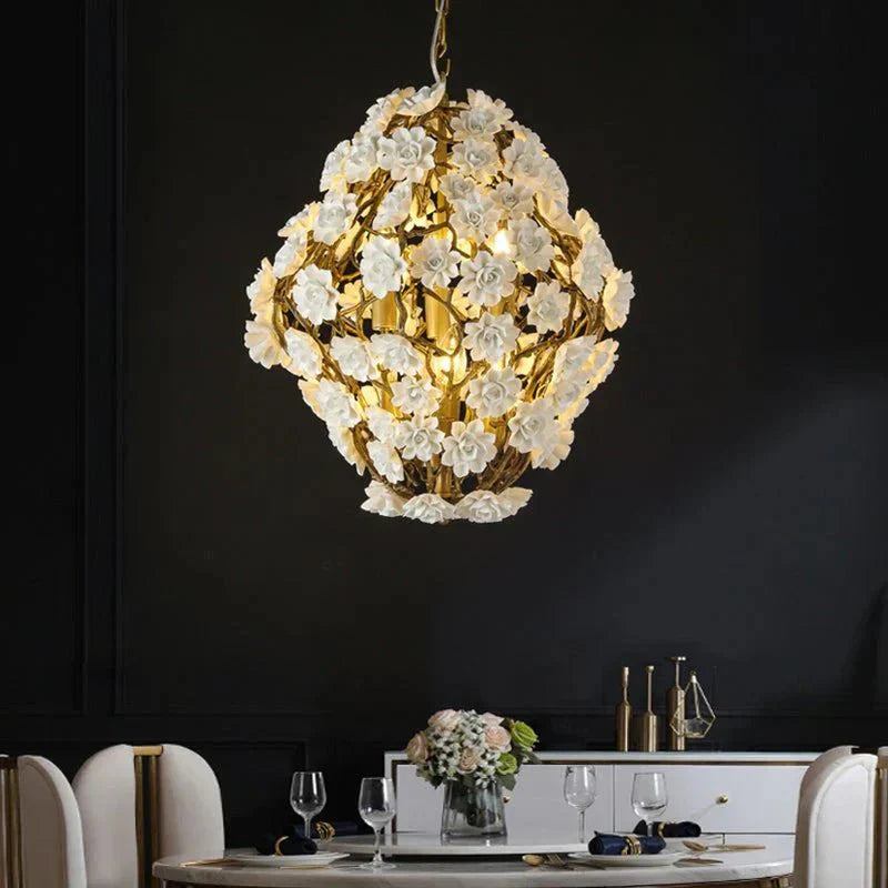 Brass and Ceramic Flower Art Chandelier Post Modern Light Luxury Style for Living and Dining Areas - Arialamps