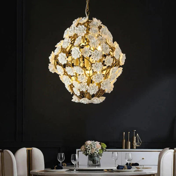 Brass and Ceramic Flower Art Chandelier Post Modern Light Luxury Style for Living and Dining Areas - Arialamps