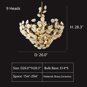 Brass and Ceramic Flower Art Chandelier Post Modern Light Luxury Style for Living and Dining Areas - Arialamps
