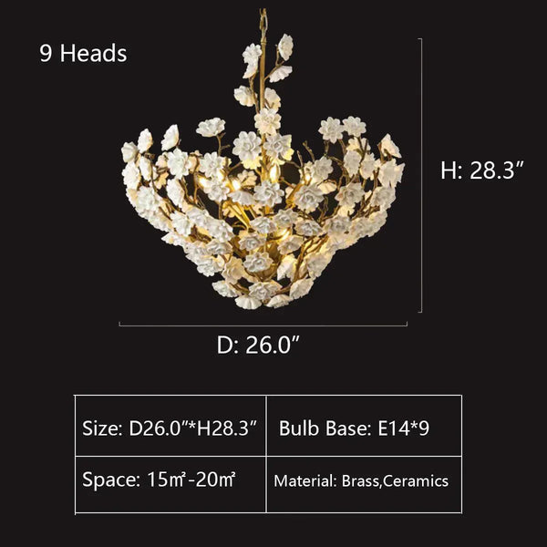 Brass and Ceramic Flower Art Chandelier Post Modern Light Luxury Style for Living and Dining Areas - Arialamps