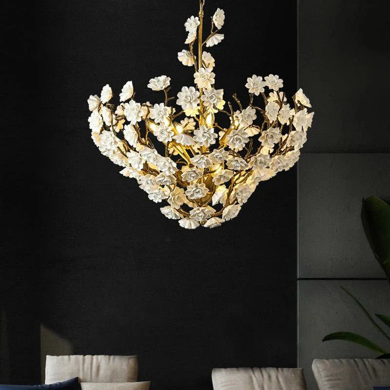 Brass and Ceramic Flower Art Chandelier Post Modern Light Luxury Style for Living and Dining Areas - Arialamps