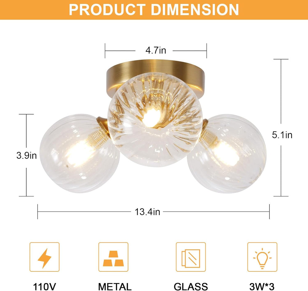 Bubble Ball Swirled Glass Chandelier 3-Light Semi Flush Mount Ceiling Mid Century Light Fixture