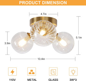 Bubble Ball Swirled Glass Chandelier 3-Light Semi Flush Mount Ceiling Mid Century Light Fixture