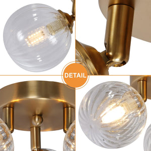 Bubble Ball Swirled Glass Chandelier 3-Light Semi Flush Mount Ceiling Mid Century Light Fixture