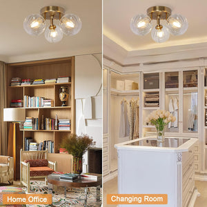 Bubble Ball Swirled Glass Chandelier 3-Light Semi Flush Mount Ceiling Mid Century Light Fixture
