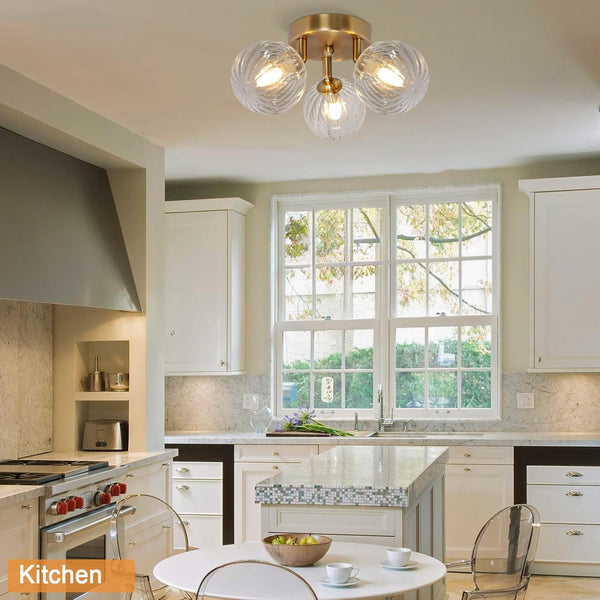 Bubble Ball Swirled Glass Chandelier 3-Light Semi Flush Mount Ceiling Mid Century Light Fixture