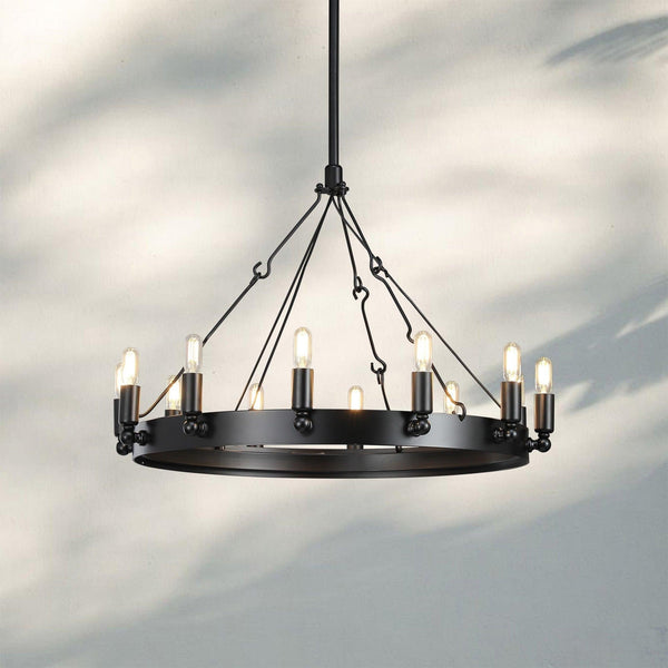 Camina Luxury Vintage Round Chandelier-Round 26'' 12-Light-Matte Black-Filament