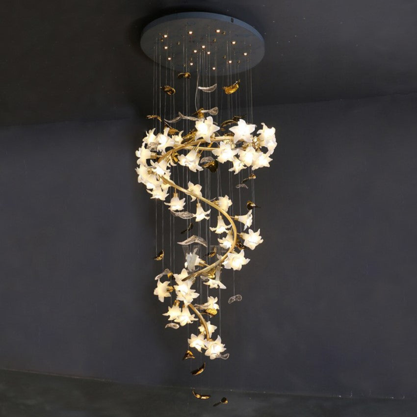 Ceramic Flower Chandelier in Artistic Brass Branch Design-Chandeliers-Arialamps