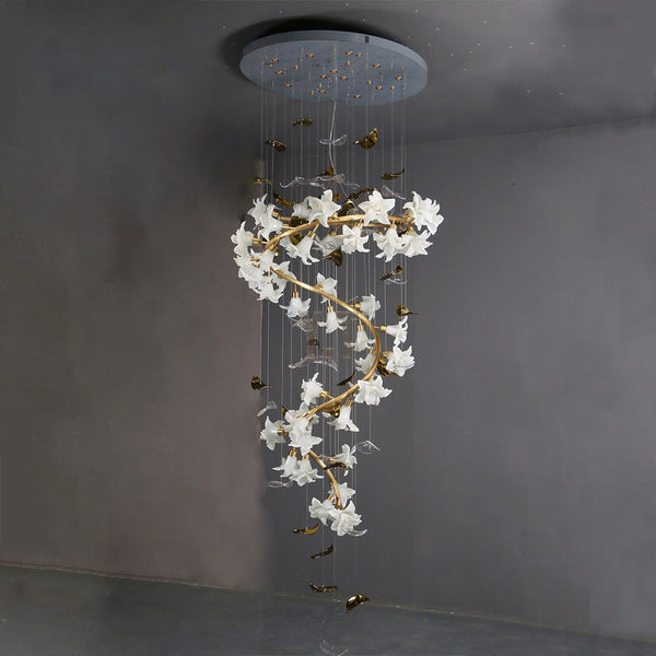 Ceramic Flower Chandelier in Artistic Brass Branch Design-Chandeliers-Arialamps