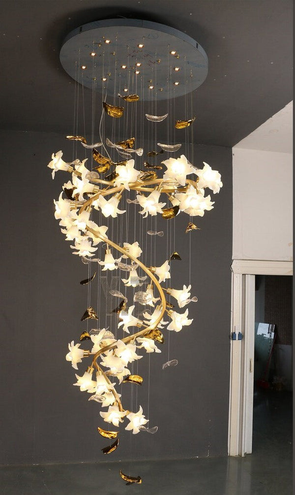Ceramic Flower Chandelier in Artistic Brass Branch Design-Chandeliers-Arialamps