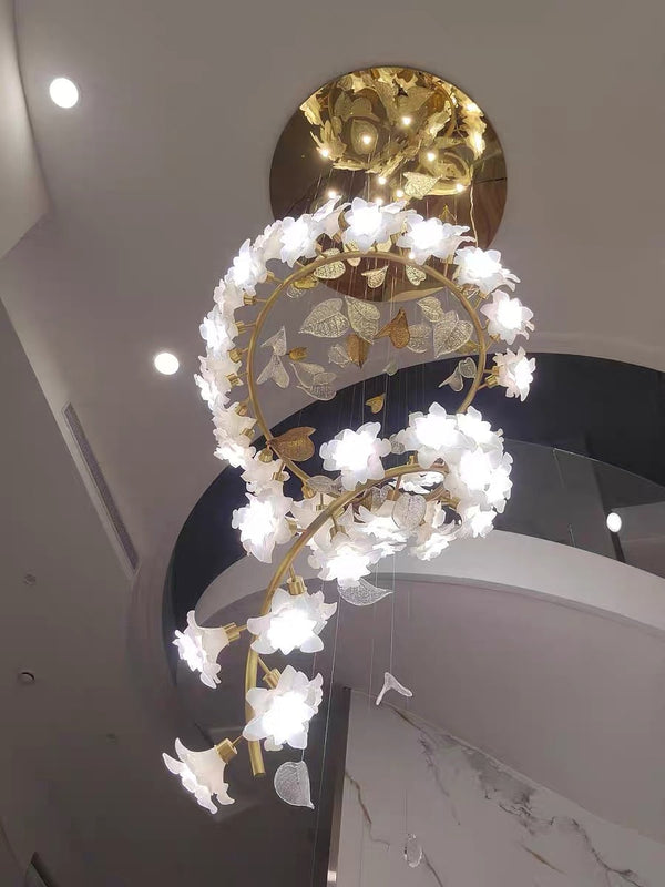 Ceramic Flower Chandelier in Artistic Brass Branch Design-Chandeliers-Arialamps