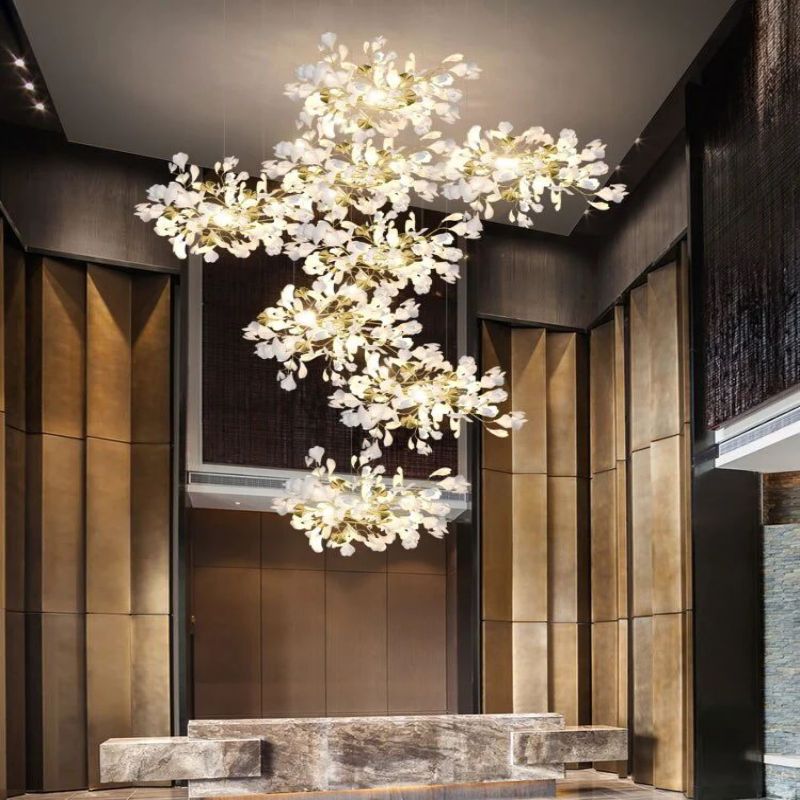 Ceramic Ginkgo Cascading Chandelier-chandeliers for dining room,chandeliers for stairways,chandeliers for foyer,chandeliers for bedrooms,chandeliers for kitchen,chandeliers for living room-118"H-All white leaves-Arialamps