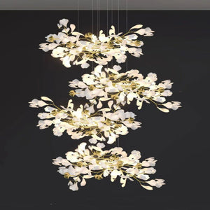 Ceramic Ginkgo Cascading Chandelier-chandeliers for dining room,chandeliers for stairways,chandeliers for foyer,chandeliers for bedrooms,chandeliers for kitchen,chandeliers for living room-79"H-All white leaves-Arialamps