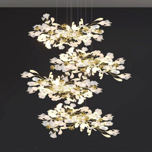 Ceramic Ginkgo Cascading Chandelier-chandeliers for dining room,chandeliers for stairways,chandeliers for foyer,chandeliers for bedrooms,chandeliers for kitchen,chandeliers for living room-79"H-All white leaves-Arialamps